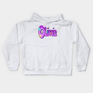 Olivia girls first name in purple with flowers floral 60s 70s retro Personalized personalised customised name Olivia Kids Hoodie